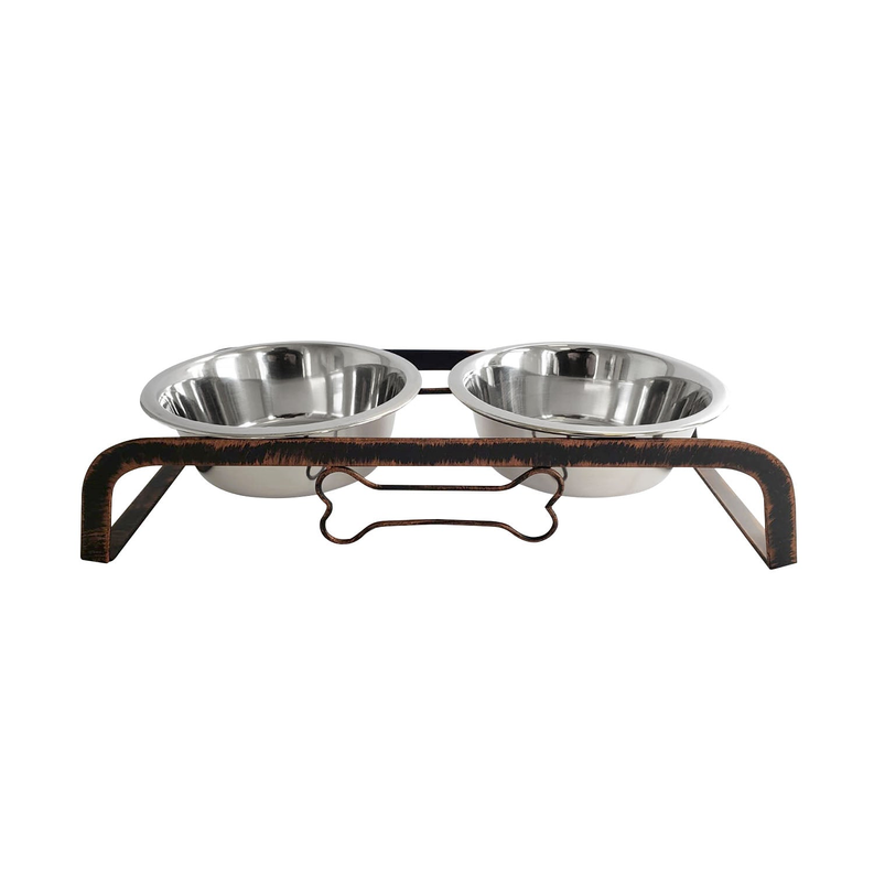 Rustic Dog Bone Feeder with 2 Stainless Steel Dog Bowls